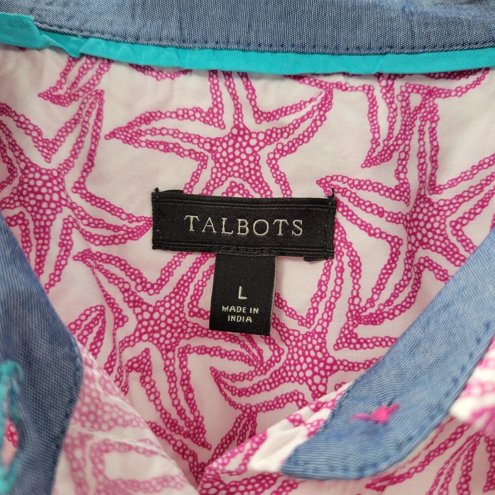 Talbots Womens Starfish Shirt Large Pink White Button Down Long Sleeve Beach - Picture 2 of 13